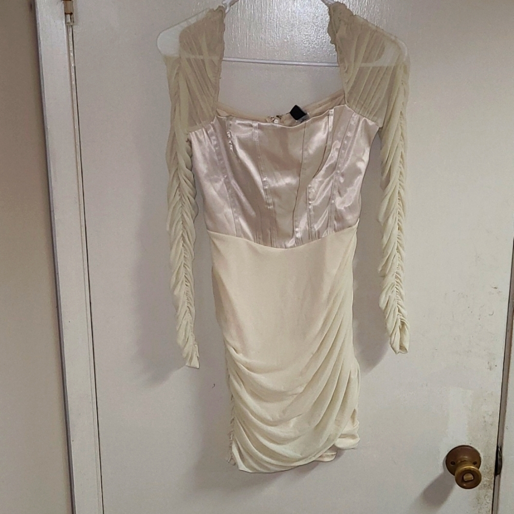 Windsor bodycon dress with mesh sleeves. satin corset bodice. - Picture 2 of 6
